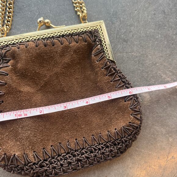 Vintage Y2k Suede Brown Boho Preppy Chic Gold Chain Mini Made In Italy Handbag - Picture 4 of 5